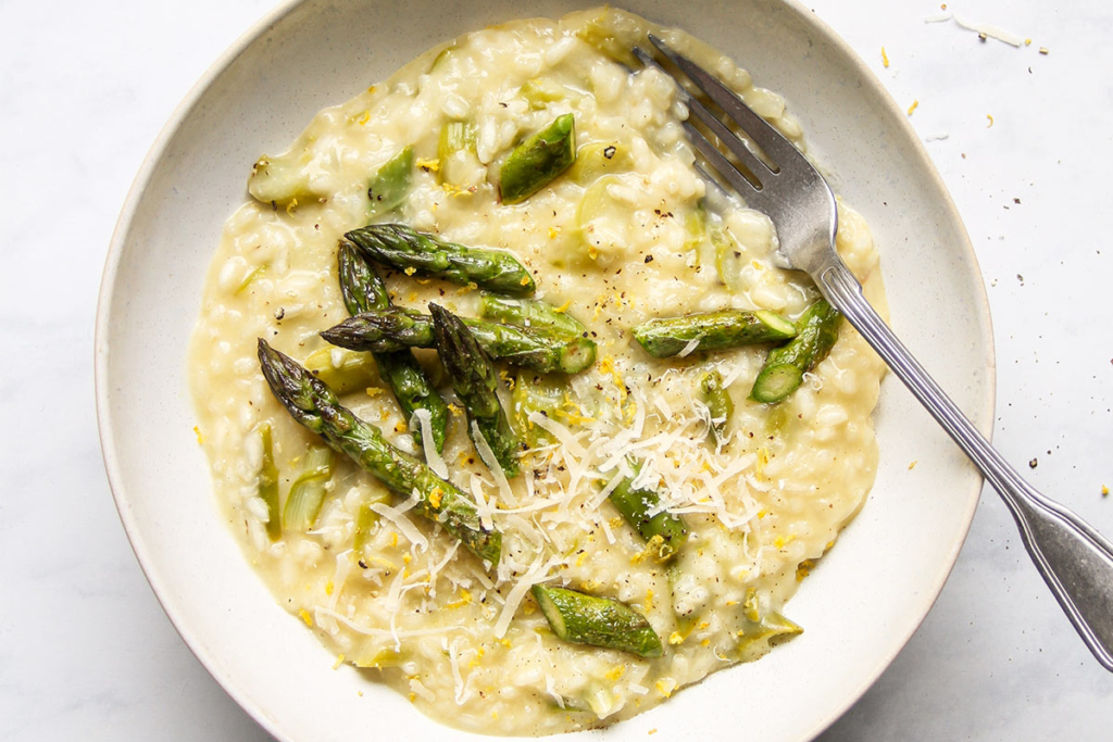 Asparagus risotto in bowl