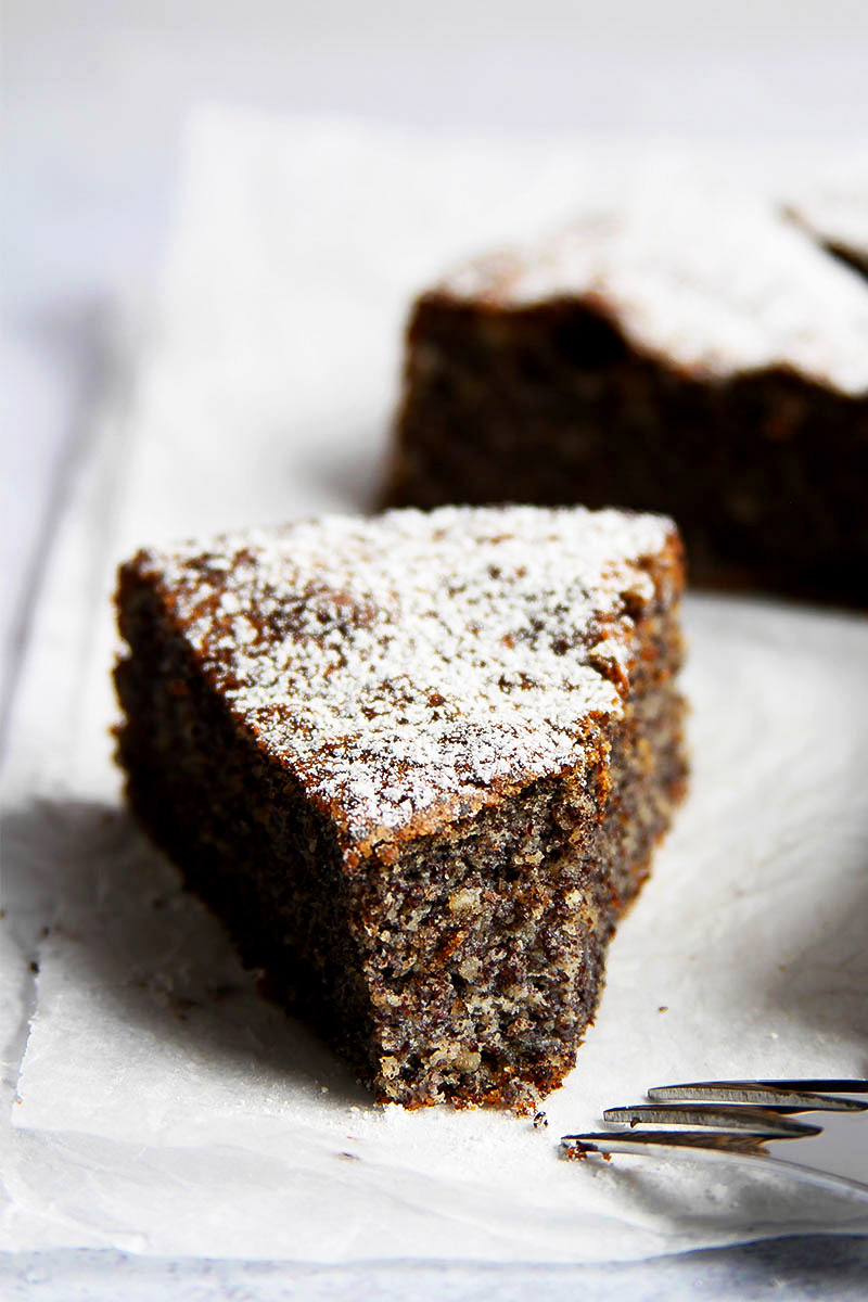 Austrian poppy seed cake recipe closeup of cut piece