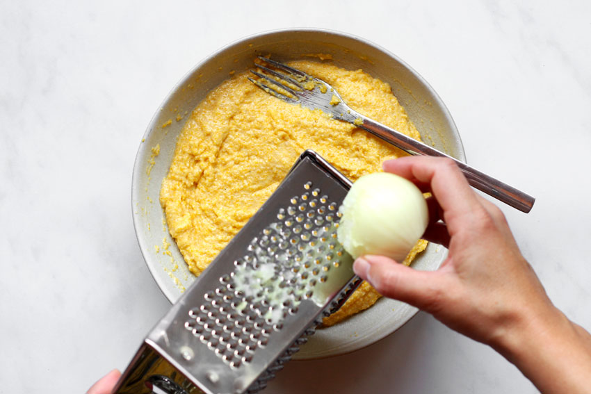 Grating onion into batter