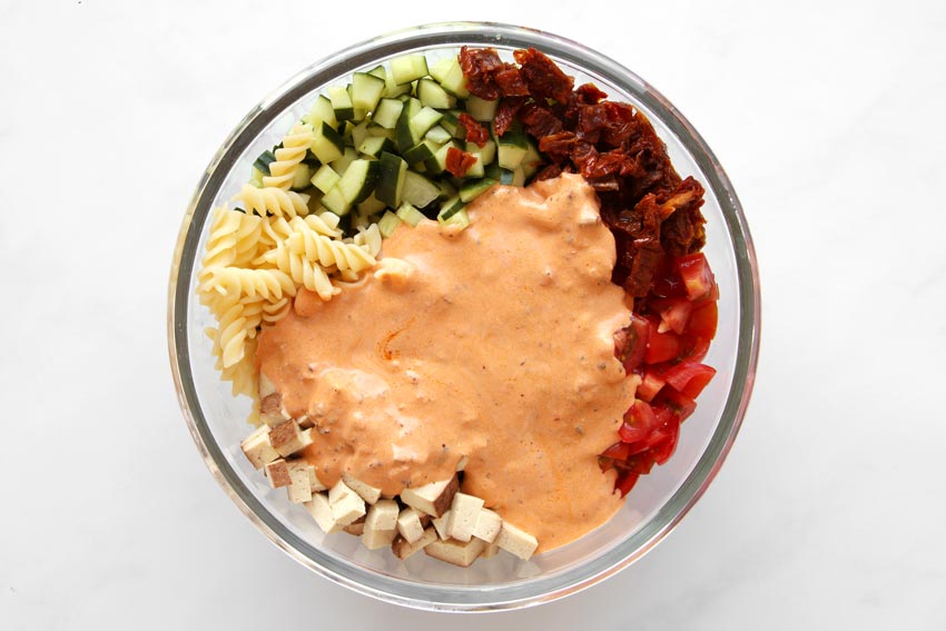 Ingredients for creamy pesto pasta salad