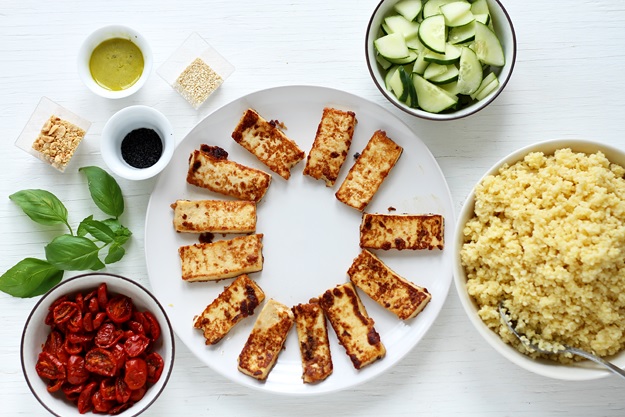 Ingredients for Millet Bowl with soy tahini tofu