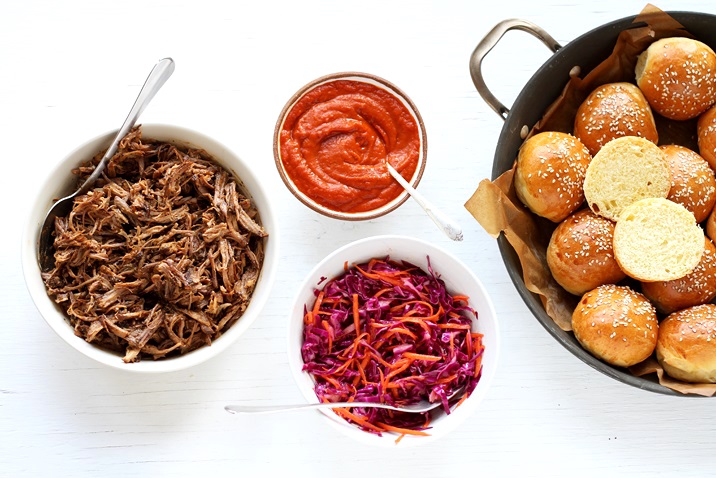 Pulled Pork Sliders with homemade BBQ sauce and red cabbage slaw