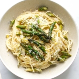 creamy asparagus pasta on plate