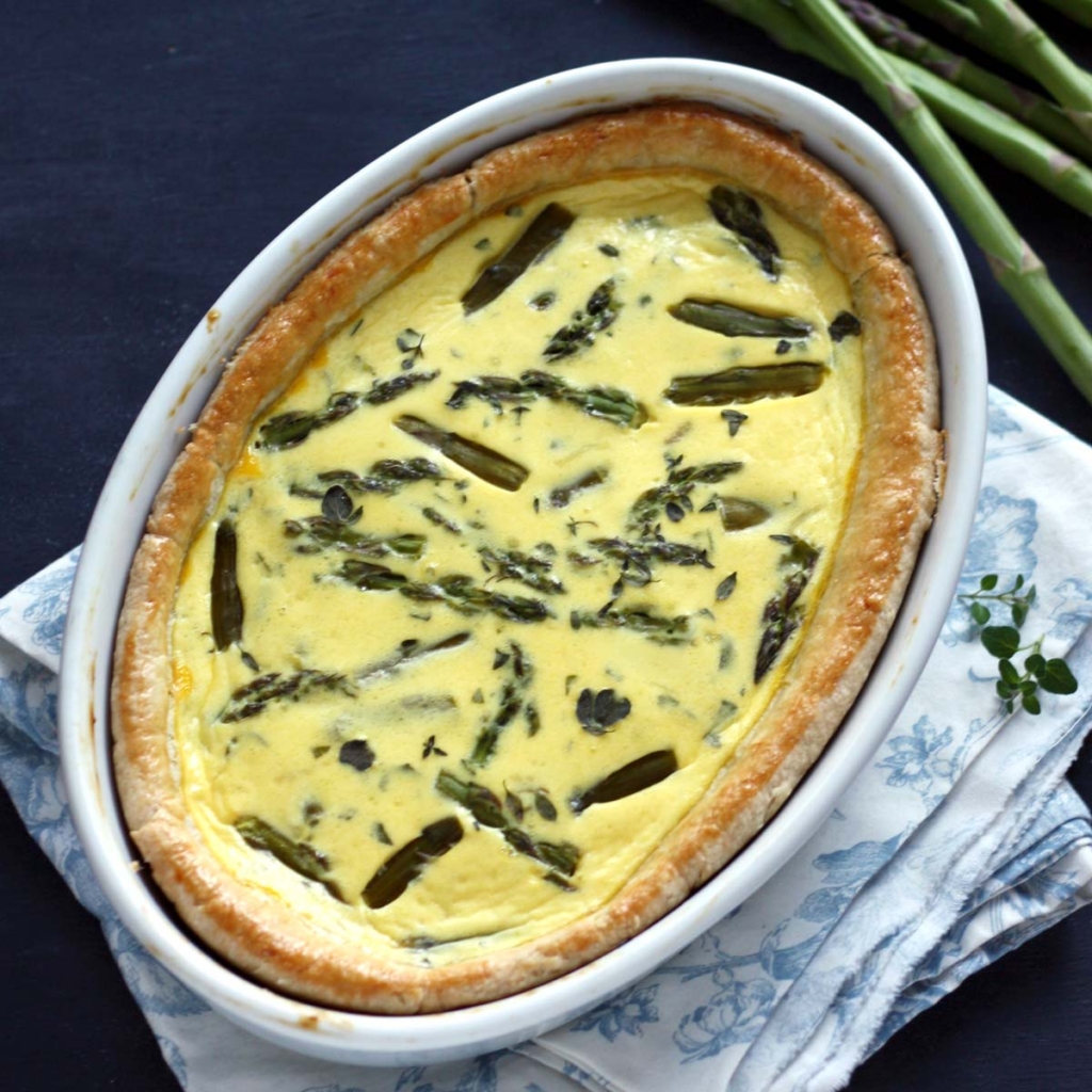 Asparagus quiche in ceramic pan