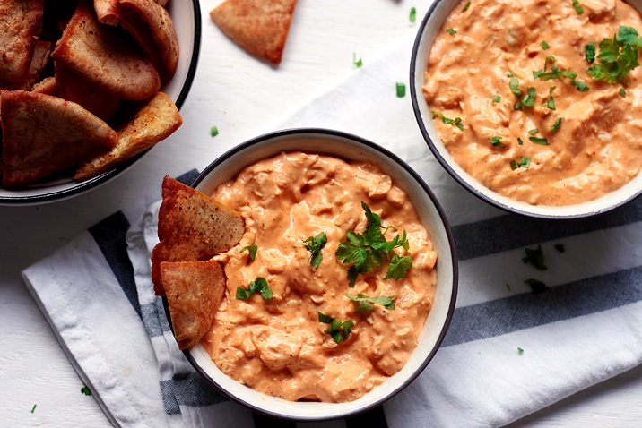 Superbowl Food Creamy Buffalo Chicken Dip made on the stovetop