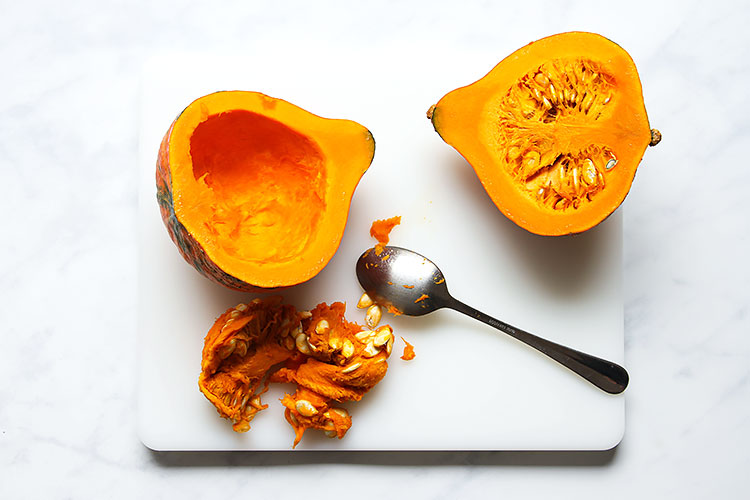 Preparing a hokkaido pumpkin for pumpkin soup