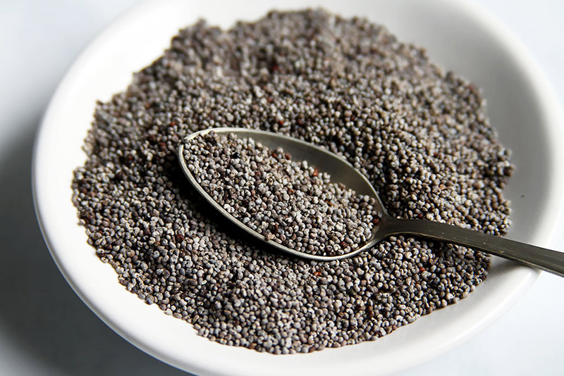 Whole poppy seeds for cake in a small bowl