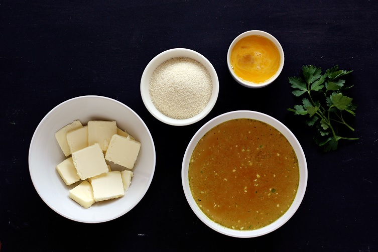 Ingredients for Nockerl: Softened butter, semolina, eggs, parsley, salt and nutmeg. Oh yeah, and beef stock (or veggie stock) of course.